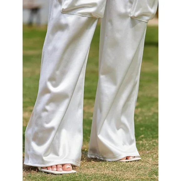 Elegant Wide Leg Satin Cargo Pants for Women - Flattering Loose Fit with Pockets